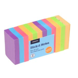 J.Burrows Stick-It Notes 38x50mm Neon (12 Pack)