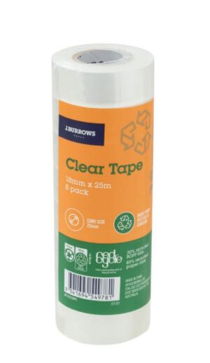 J.Burrows Recycled Clear Tape Roll 18mmX25m (8 Pack)
