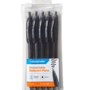 Studymate Retractable Ballpoint Pens 1mm Black (5 Pack)