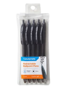 Studymate Retractable Ballpoint Pens 1mm Black (5 Pack)