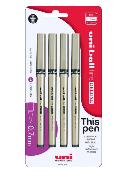 Uni-Ball Micro Deluxe Rollerball Pens Black 4 Pack (OW)